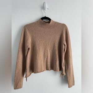 100% cashmere Charter Club camel tan neutral mock neck sweater tie detail | M